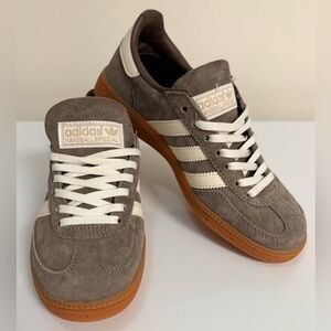 adidas Handball Spezial Taupe Suede with White Stripes and Gum Sole